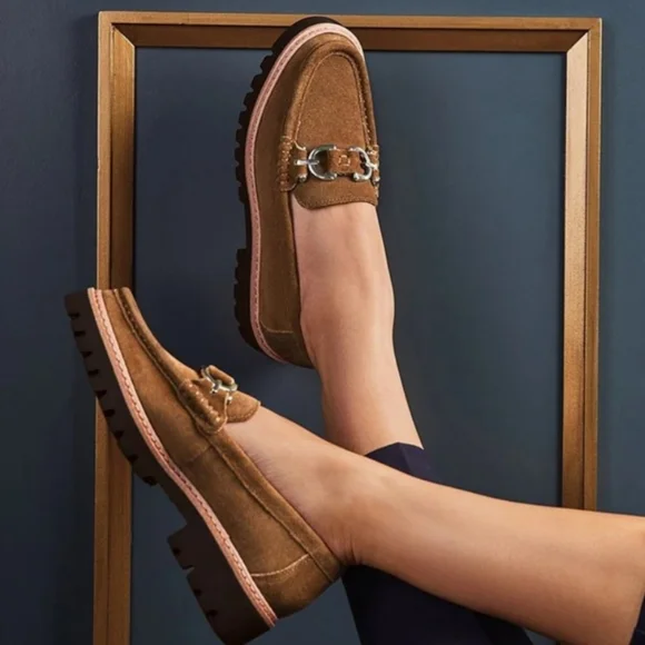 HELIO DONALD PLINER Brown Saddle Suede Leather Loafers Womens Lug Sole New 7.5 - Picture 3 of 10